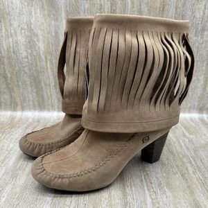 Born Banbury Fringe Moc Boho Boots Tan Nubuck Brown Stacked Heel W02016 Womens 8